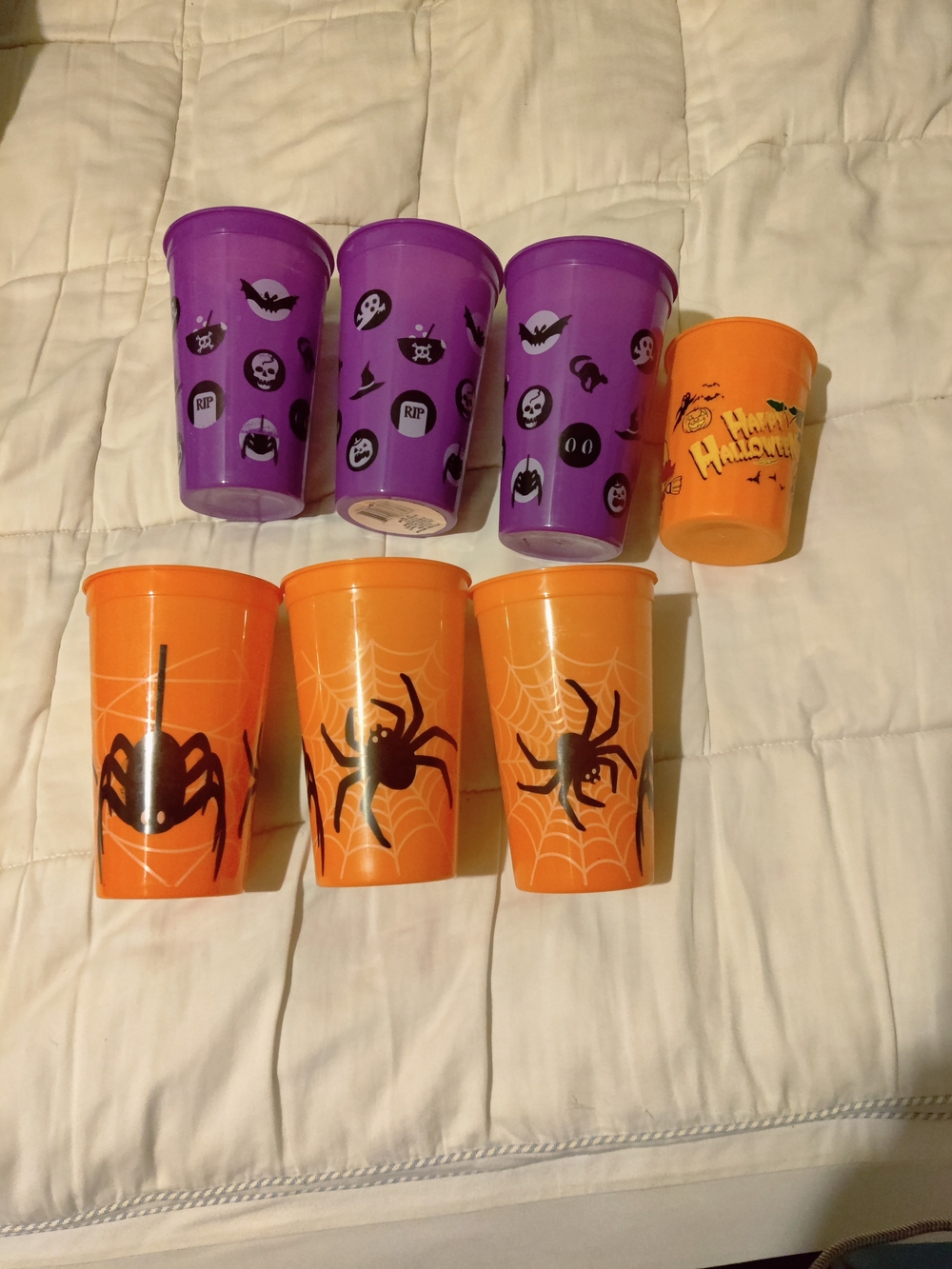 Vtg Halloween Plastic Tumbler Cup Lot of 7 Spiders Purple Orange Happy Halloween